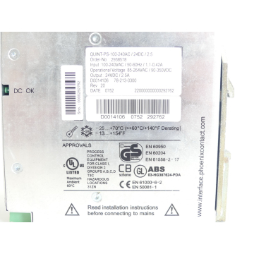 Phoenix Contact Quint-PS-100-240AC / 24DC / 2.5 Power supply SN:0000292762