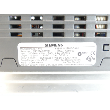 Siemens 6SE6410-2BB13-7AA0 MICROMASTER 410 SN:XAT314-001196