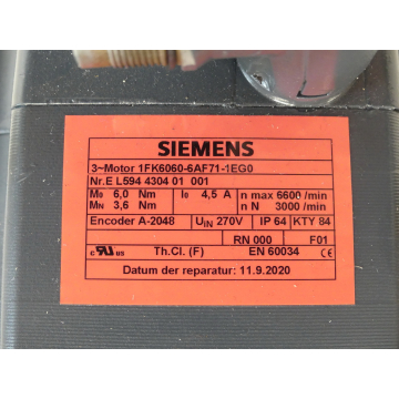 Siemens 1FK6060-6AF71-1EG0 SN:EL594434001001 - mit 12 Monaten Gewährleistung! -
