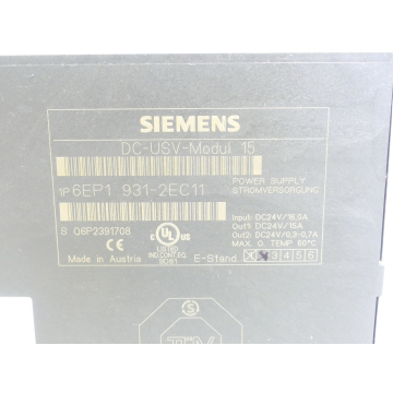 Siemens 6EP1931-2EC11 DC UPS module 15 E Version 2 SN:Q6P2391708