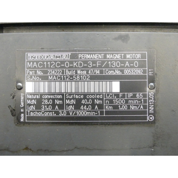 Indramat MAC112C-0-KD-3-F / 130-A-0 Permanent Magnet Motor SN:MAC112-58102