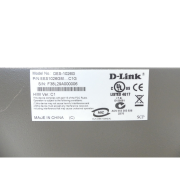 D-Link Mode: DES-1026G Gigabit Switch SN: F38L29A000006