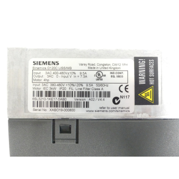 Siemens 6SL3210-5BE22-2CV0 G120C USS/MB Umrichter SN:XAB019-000800