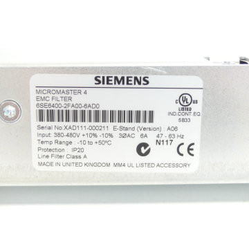 Siemens 6SE6400-2FA00-6AD0 EMC Filter Version A06 SN:XAD111-000211