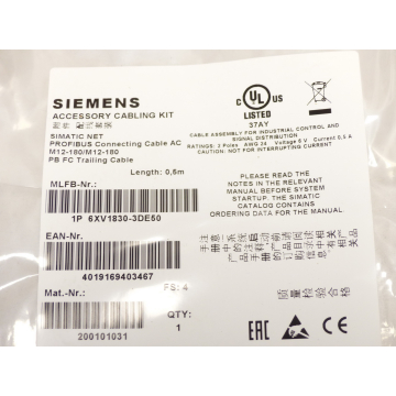 Siemens 6XV1830-3DE50 Accessory Cabling Kit M12-180/M12-180 - ungebraucht! -